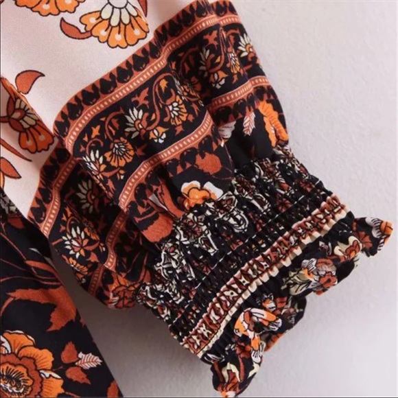 Milkmaid Puff Sleeve Boho Floral Print Dress Black - Picture 6 of 6